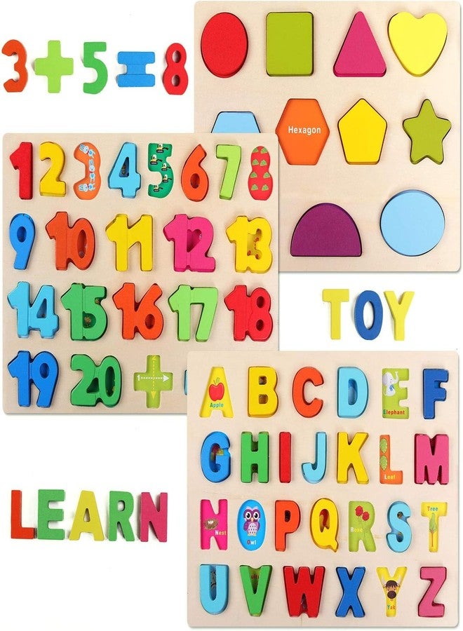 Rexez Wooden Puzzles for Toddlers, Wooden Alphabet Number Shape Puzzles Toddler Learning Puzzle Toys for Kids, 3 in 1 Puzzle for Toddlers, Age 3+ (Set of 3) - Image 1